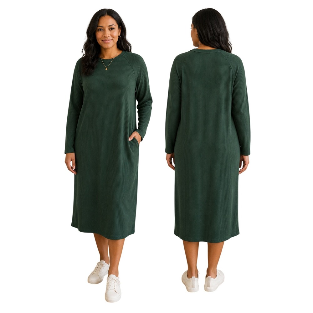 NWT Sonnet James A Play Dress Forest Green Ribbed Knit Long Sleeve Midi Large